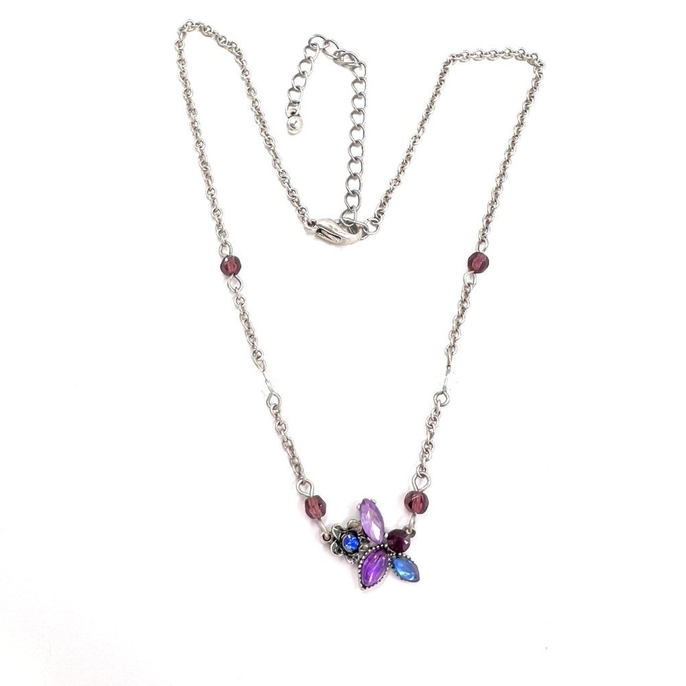 Purple & Blue Jeweled Flower Pendant Silver Tone Beaded 14” Choker Necklace